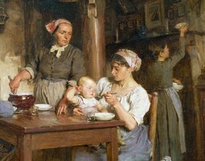 De middagmaaltijd, detail van het voeden van de baby (detail)